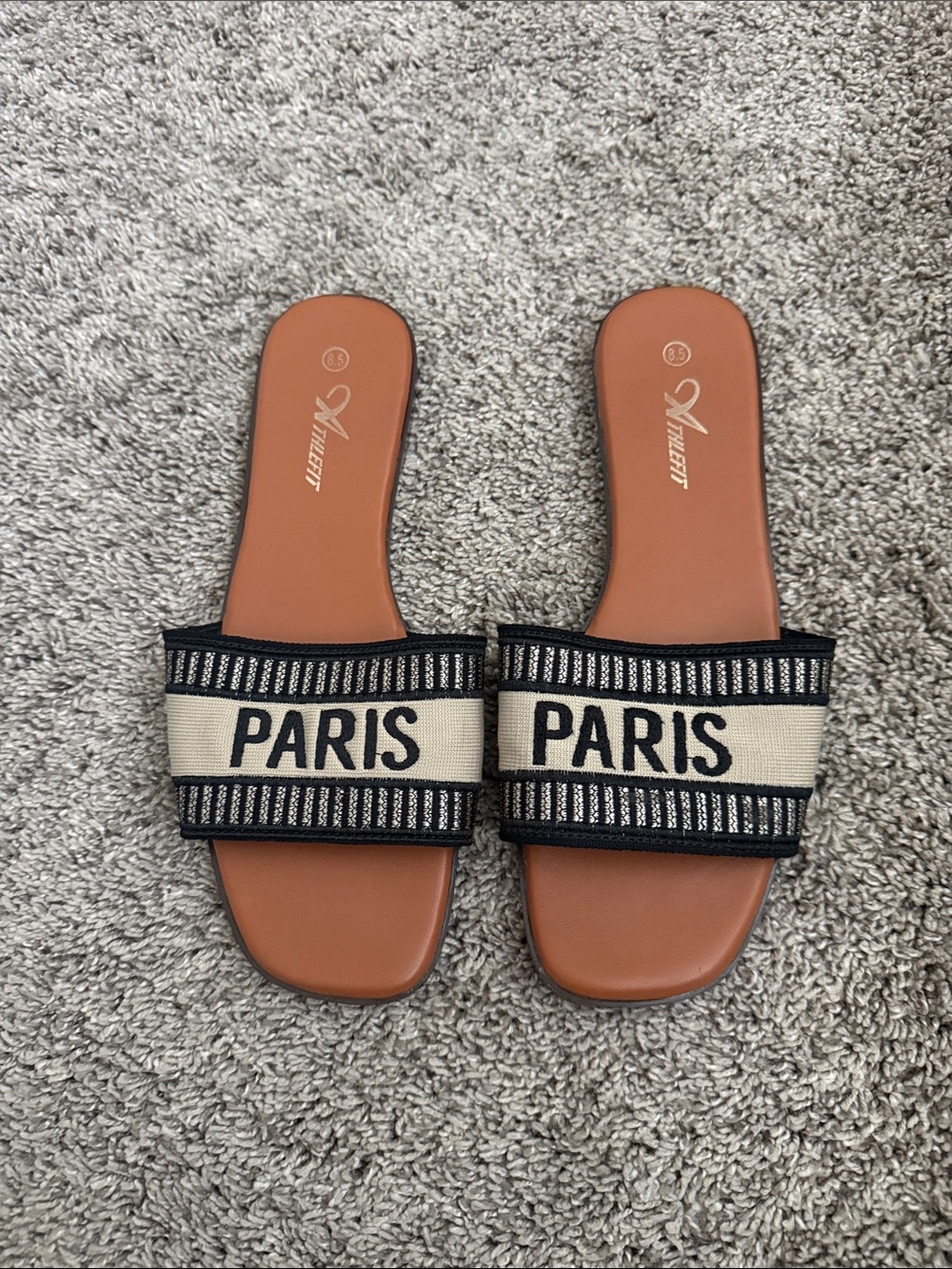 PARIS Embroidered Black & Cream Slide Sandals